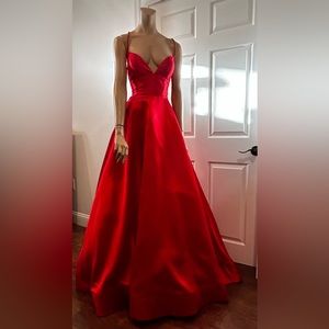 sherri hill red ball gown open back prom dress